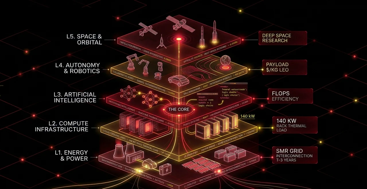 The 2040 stack: energy and power at the base, then compute infrastructure, AI, autonomy and robotics, and space and orbital at the top, converging on a single core
